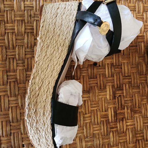 MICHAEL KORS Black Leather JALITA Jute PLATFORM Strappy MK Logo SANDALS - Picture 15 of 16